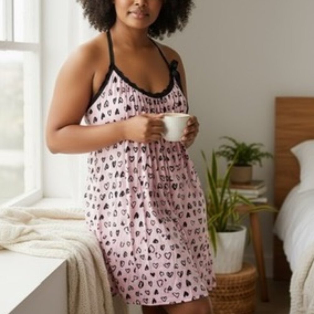 Hanky Panky Pink Black Chemise Nightgown Hearts Bow 1X New WITHOUT Tags